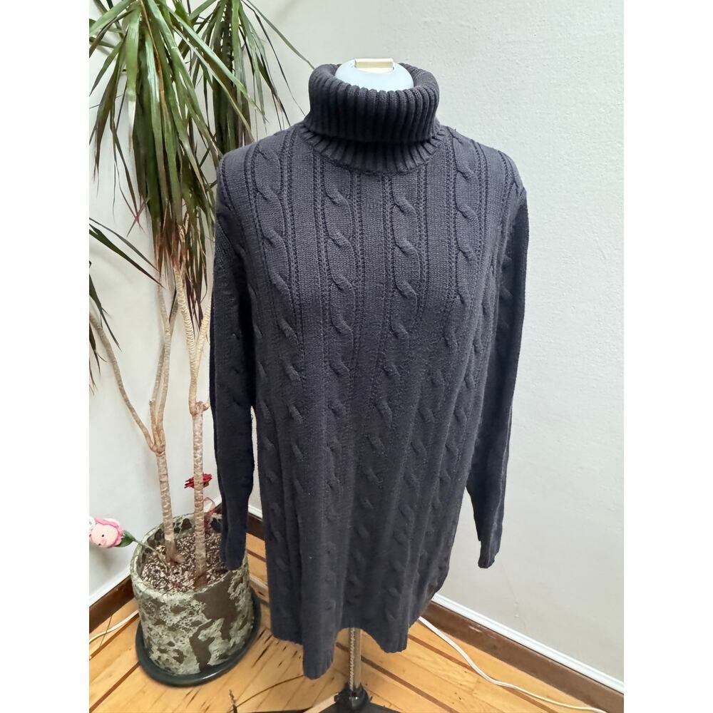Vintage Lands’ End Charcoal Grey Cable Knit Turtleneck Sweater - 100% Cotton